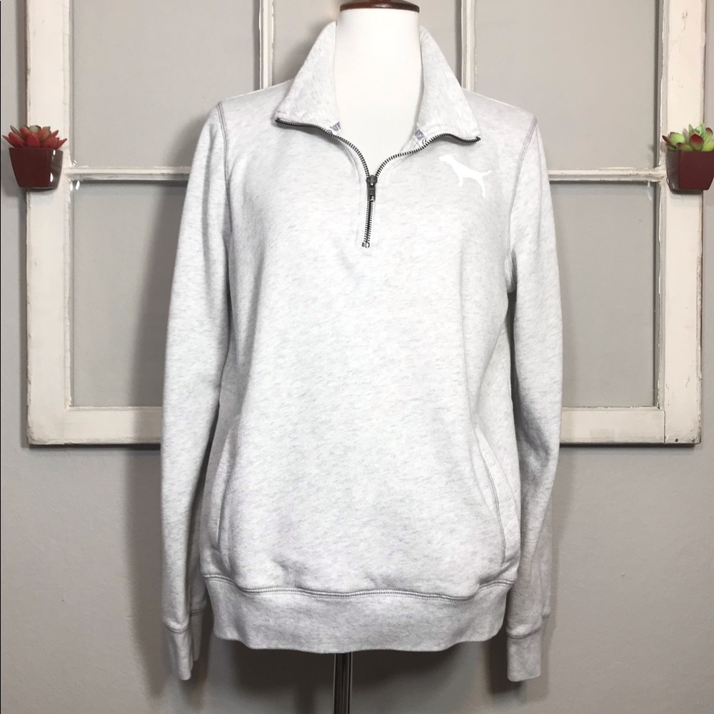 PINK Victoria’s Secret 1/4 Zip Light Gray Sweatshirt Size Large